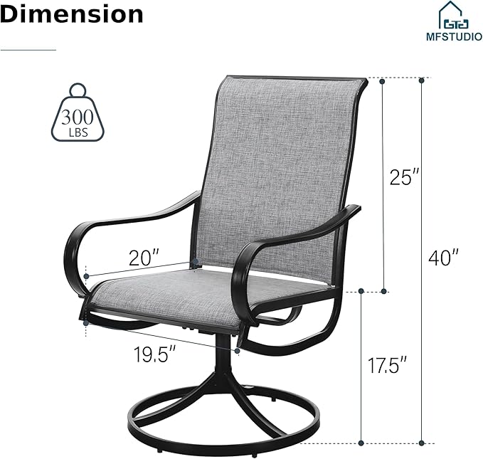 MFSTUDIO Outdoor Swivel Patio Dining Chairs Set of 4, High Back Breathable Textilene Patio Chairs for Balcony, Backyard, Deck, Garden (Light Grey Fabric, Black Frame)