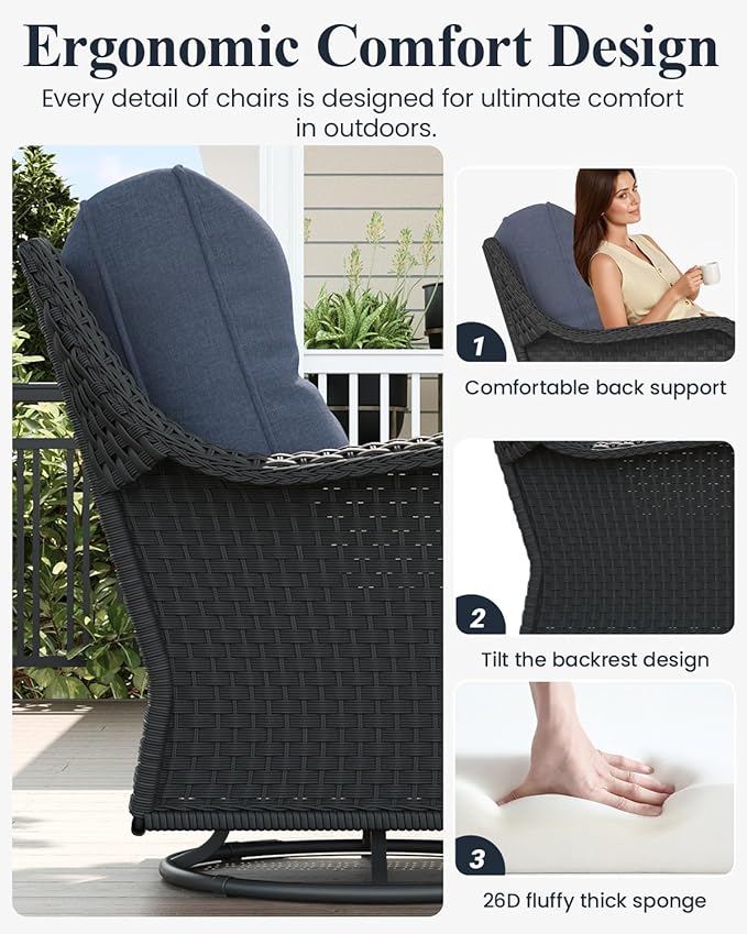 LayinSun 5 Piece Wicker Outdoor Furniture Set with 6-inch Comfy Cushions, High Back Patio Furniture Set with Swivel Rocking Chairs and Side Table