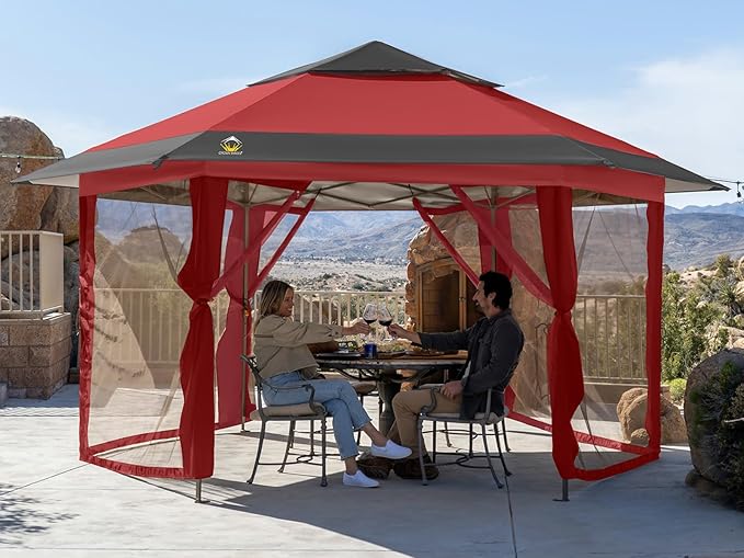 CROWN SHADES 13x13 Pop up Gazebo with Mosquito Nettings, Patented Center Lock 6-Sided Portable Gazebo, 300D Silver-Coated Fabric UV Resistant, Pop Up Canopy Tent for Patio, Party, Red&Grey