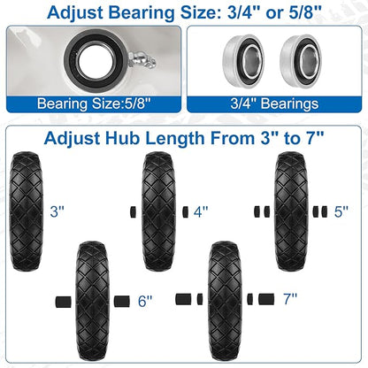 4.80/4.00-8" Flat Free Wheelbarrow Tire and Wheels, 16" Universal Fit Solid Tire with 5/8" or 3/4" Bearing, 3"-7" Hub, Adapter Kit Hand Truck Wheel Replacement for Garden Trailer, Wagons, 1 PCS