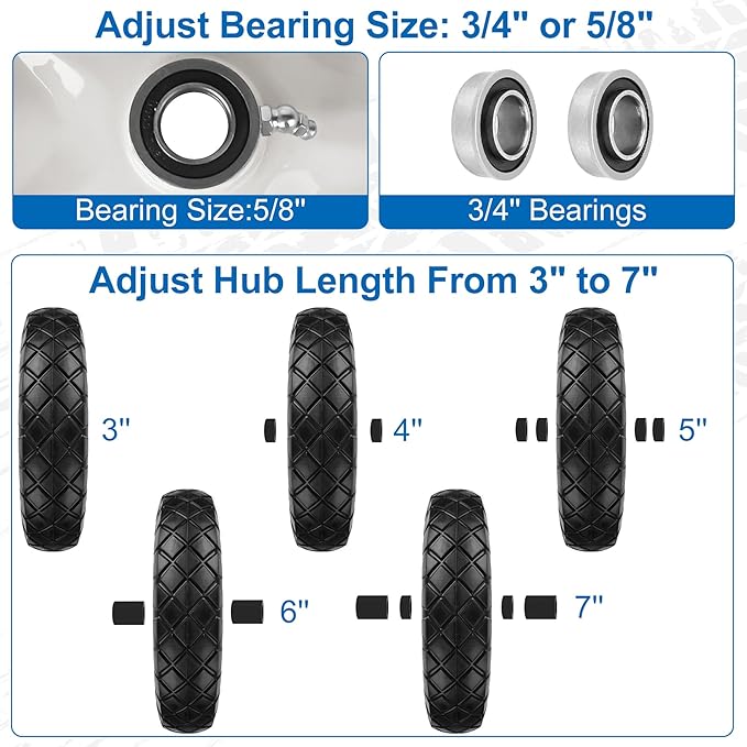 4.80/4.00-8" Flat Free Wheelbarrow Tires and Wheels, 16" Universal Fit Solid Tires with 5/8" or 3/4" Bearing, 3"-7" Hub, Adapter Kit Hand Truck Wheels Replacement for Garden Trailer, Wagons, 2 PCS