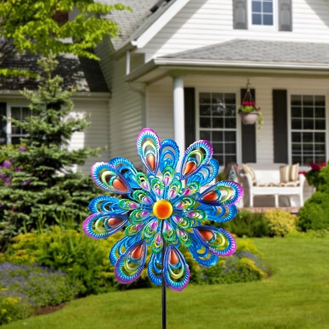 Peacock Wind Spinner, 21" Dia Large Kinetic Wind Sculptures & Spinners Outdoor, 68 Inch Tall Metal Windmill for Garden Yard Decor