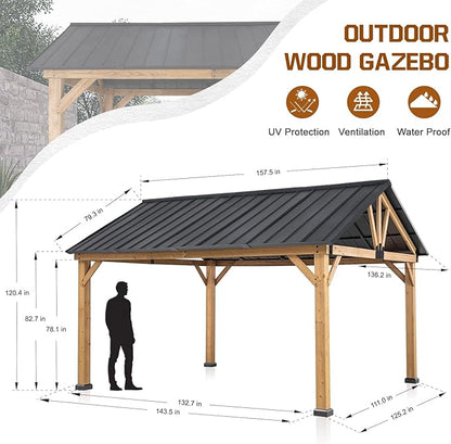 COOS BAY 11x13 Hardtop Gazebo with Cedar Wood Frame, Galvanized Steel Gable Roof Outdoor Pavilion for Garden, Lawn, Poolside, Patio, Deck, Natural Wood/Black