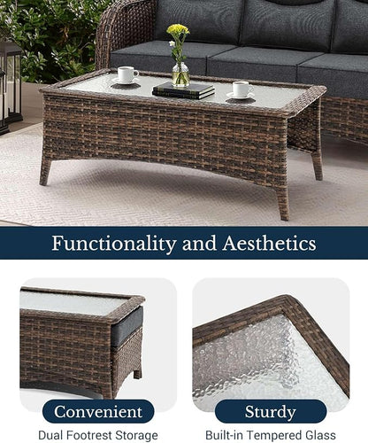 HILLGA Luxury Patio Furniture Set with 6-inch Thick Cushion, Outdoor Couch and High Back Swivel Rocker Patio Chairs, 8PCS Wicker Conversation Set for Deck Yard and Poolside, Dark Grey (V2)