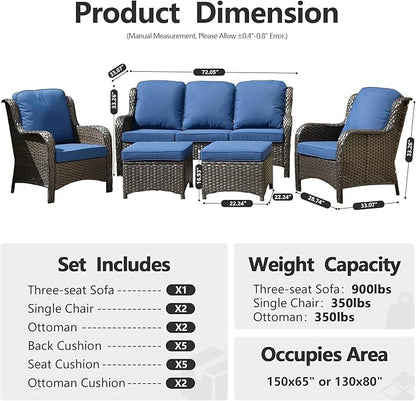 HOOOWOOO Patio Furniture Set,5 Piece Outdoor Furniture Set,Wicker Patio Conversation Couch Chairs Ottoman Set,Navy Blue