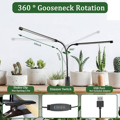 Grow Lights for Indoor 6000K White Red 40 LEDs, Full Spectrum 9-Level Dimmable Indoor Plant Growing Light for Seed Starting, Auto on/Off Clip LED Plant Grow Lamp, 3/9/12H Timer, 2Packs
