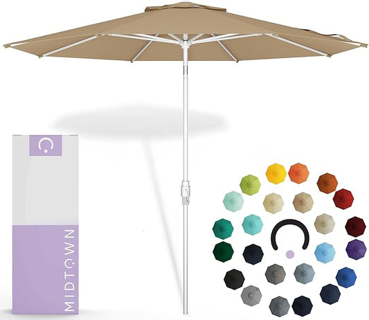 Midtown Umbrellas The Swilt 8 Feet Patio Umbrella in Sunbrella Heather Tan Acrylic Fabric - Fiberglass Ribs, Auto-Tilt Aluminum Frame For Backyard, Deck, Garden, Pool - White Pole