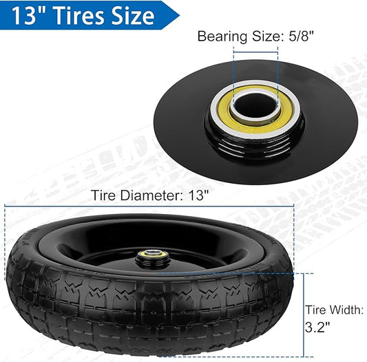13 Inch Flat Free Wheels Tires 4.00-6 Solid Replacement with Universal 5/8" Axle Bore Hole, 4 Spacers and 2 Pins, for Wheelbarrow, Garden Wagon, Hand Truck, Trolley, Lawn Mower, 1 Pack