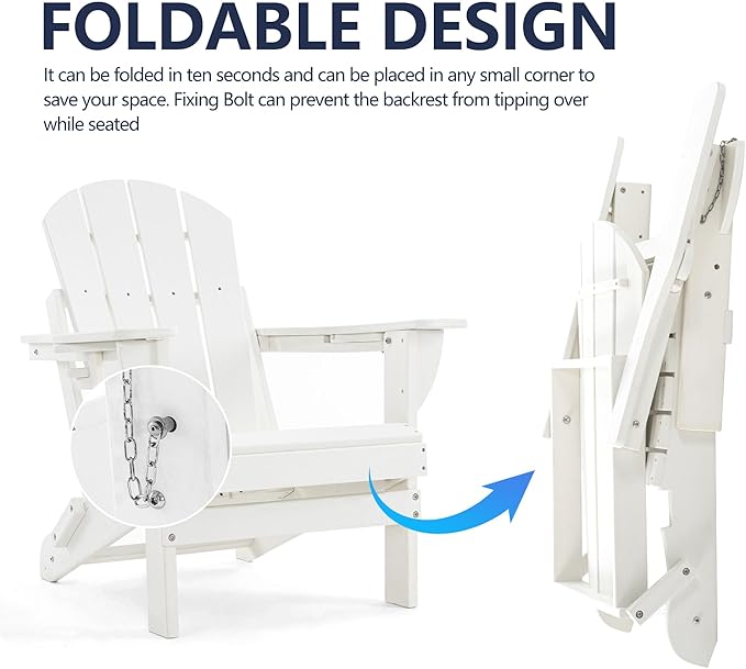 Folding Adirondack Chair, HDPE Outdoor Texture Lawn Chair with Reclining Back, Cup and Phone Holder - Comfortable Firepit Chair Weather Resistant for Patio or Backyard (White, Set of 2)