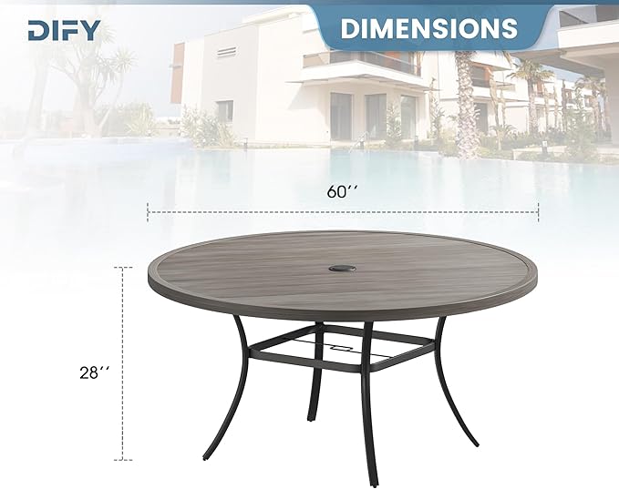 DIFY 60" Round Outdoor Patio Dining Table for 8-10, Metal Patio Table with 1.57" Adjustable Umbrella Hole, All-Weather Dining Furniture Table for Backyard Lawn Garden, Grey Wood-Like