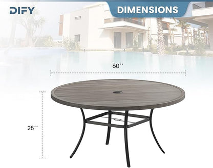 DIFY 60" Round Outdoor Patio Dining Table for 8-10, Metal Patio Table with 1.57" Adjustable Umbrella Hole, All-Weather Dining Furniture Table for Backyard Lawn Garden, Grey Wood-Like