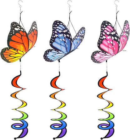 3pcs Butterfly Garden Wind Spinners 360° Rotation Rainbow Curlie Spinner Lawn Yard Ornaments Windmills Twister Outdoor Hanging Decor Whirligigs Wind Hanging Windsock