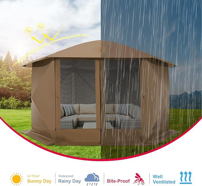 COBlZl 12x12 pop up Gazebo on Clearance Screen Canopy Tent for Camping,Outdoor Instant Stargazing Gazebo,Portable Hub Tent with Removable Sidewalls,Pavilion for Backyard,Brown