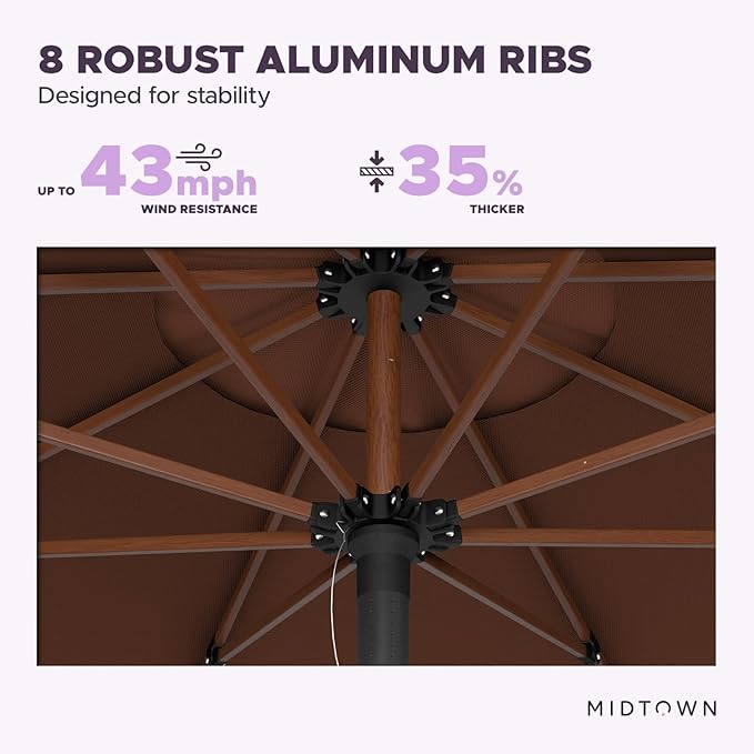 Midtown Umbrellas The Wooden 10 Feet Patio Umbrella With Sunbrella Bay Brown Acrylic Fabric - Aluminum Frame Market Umbrella For Backyard, Deck, Garden, Pool - Wooden Pole
