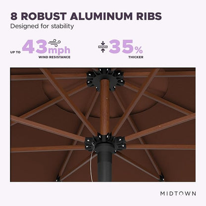 Midtown Umbrellas The Wooden 8 Feet Patio Umbrella With Sunbrella Bay Brown Acrylic Fabric - Aluminum Frame Market Umbrella For Backyard, Deck, Garden, Pool - Wooden Pole