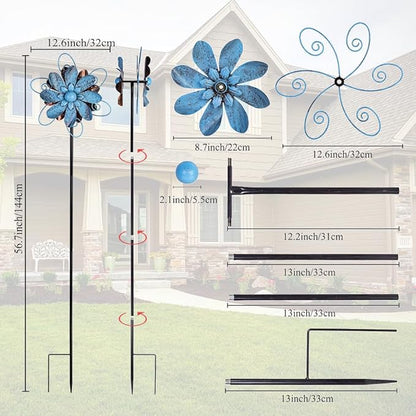 Wind Spinners Outdoor, Metal Flower Garden Pinwheels, Garden Wind Sculptures & Spinners for Yard Lawn Patio Decor - Blue