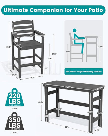 SERWALL Outdoor Bar Table and Chairs Set, Adirondack Bar Chairs Set of 2 and Bar Height Table, All Weather HDPE Outdoor Patio Bar Set, Outdoor Furniture for Outside, Poolside, Backyard, Garden, Grey