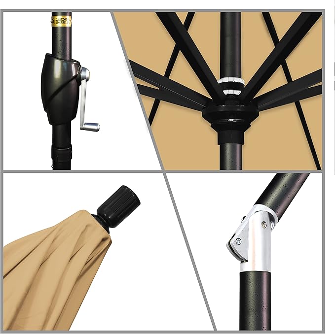 California Umbrella 9' Round Aluminum Market Umbrella, Crank Lift, Push Button Tilt, Black Pole, Sunbrella Wheat