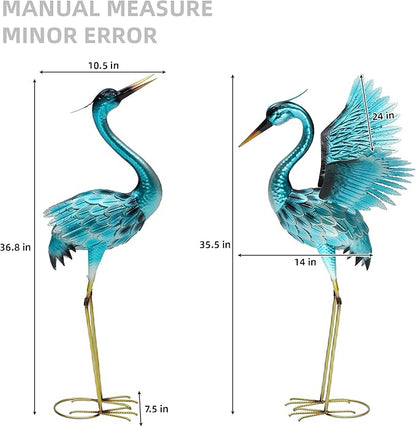 36.75in Metal Heron Garden Statue Handmade Oversize Crane Sculptures with Stable Ground Stakes, Backyard Decoration, Metal Garden Art