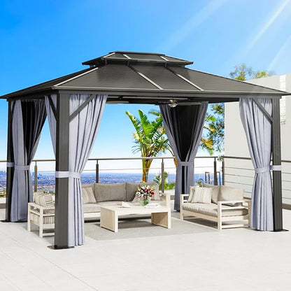 Aoxun 10Ft X 12Ft Hardtop Gazebo, Aluminum Metal Outdoor Gazebo with Breathable Netting and Curtains, Galvanized Steel Horizontal Double Top, Permanent Patio Pavilion for Dining, Wedding, Party
