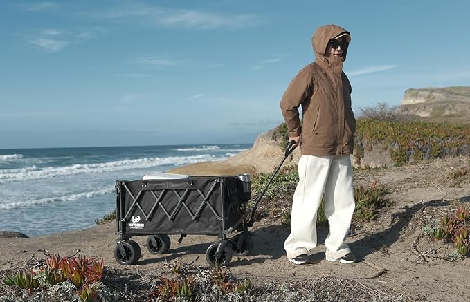 Whitsunday Collapsible Folding Wagon Heavy Duty Utility Beach Wagons with Opened Tailgate and All-Terrain Wheels for Camping,Garden,Sports Beige