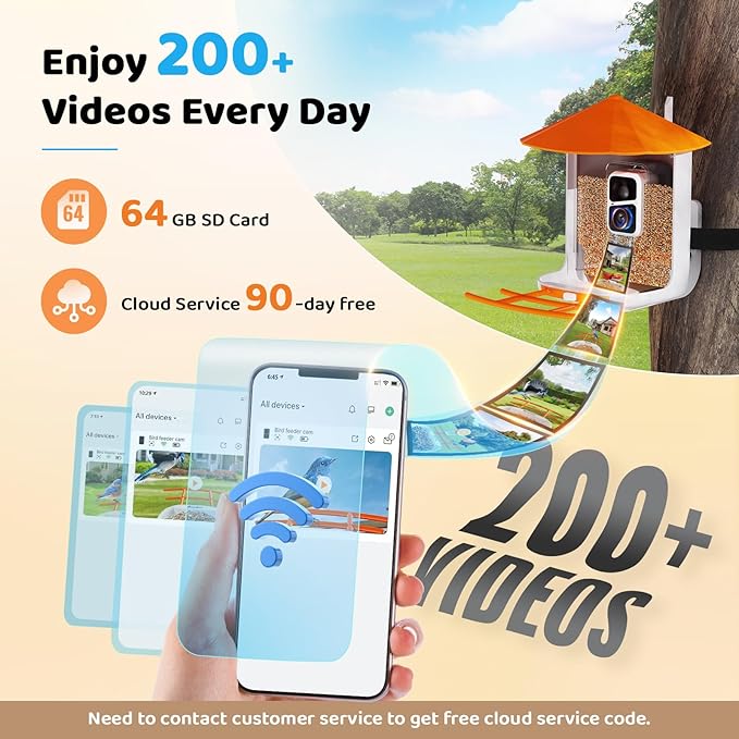 Smart Bird Feeder with Camera - 2K HD Live View & Auto Capture, AI Bird Identification, Solar Powered with 64GB SD Card, Real-Time Alerts, 5 DIY Accessories for Birds Lovers