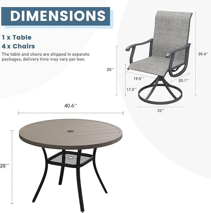 DIFY 5 Pieces Outdoor Patio Dining Set, 4 Grey Textilene Swivel Dining Chairs and 40.6" Grey Wood-Like Round Dining Table, Metal Outdoor Table and Chairs