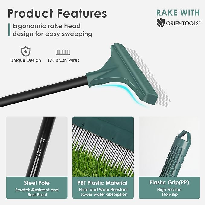 ORIENTOOLS Artificial Turf Rake, Grass Rake with 4 Sections Adjustable Steel Handle from 30" to 53", Hand Telescopic Brush, for Artificial Turf, Patios, Carpets, Pet Hairs and Garden Lawn Clean