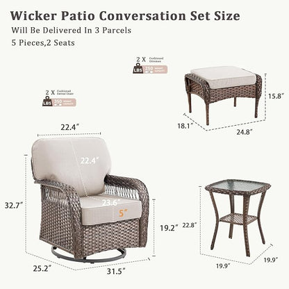 5 Pieces Patio Furniture Set Outdoor Sectional Sofa Couch with Rocking Swivel Chairs 5" Deep Seat Chairs, Modern Wicker Rattan Conversation Set, Beige/Brown Wicker