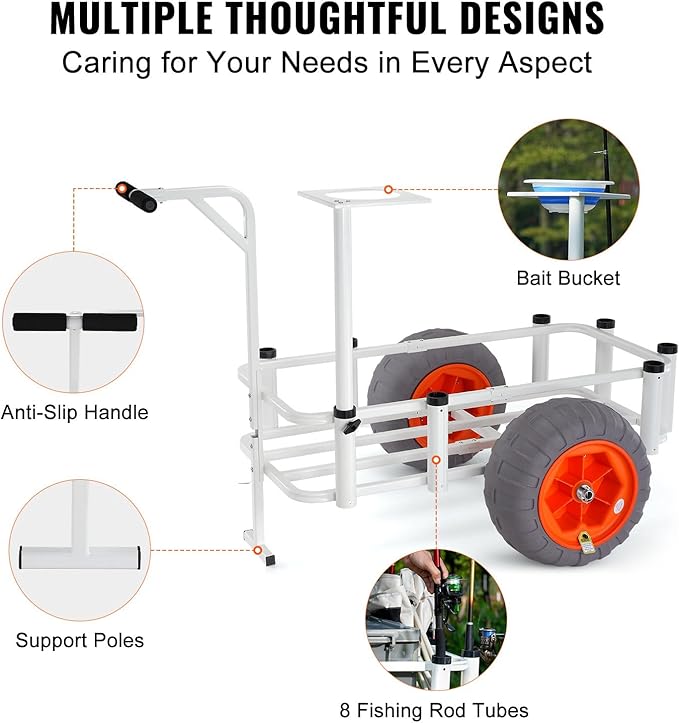 VEVOR Beach Fishing Cart, 350 lbs Load Capacity, Fish and Marine Cart with Two 16" Big Wheels PU Balloon Tires for Sand, Heavy-Duty Aluminum Pier Wagon Trolley with 8 Rod Holders for Fishing, Picnic