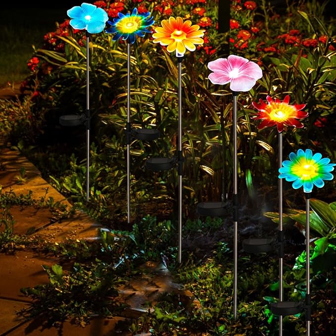 EiGreen 6 Pack Solar Garden Lights Outdoor Decor,Stake Yard Figurine Colorful Flower Light, Housewarming Ornament for Patio, Lawn, Yard, Pathway (Art Deco)