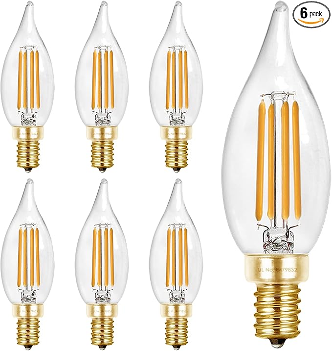 Hizashi LED Candelabra Bulbs 40 watt Equivalent, 90+ CRI Dimmable E12 LED Bulb Flame Tip Candle Bulbs, 4W 450LM 2700K Soft Warm White, CA10 Chandelier Bulbs Candelabra Base, UL Listed - 6 Pack