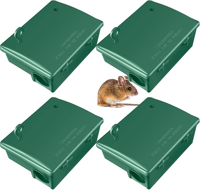 4 Pack Rat Bait Stations Large Rodent Bait Station with Key Reusable Mouse Bait Stations Mice Bait Blocks Heavy Duty Bait Boxes for Outdoor Rodents Mice Bait Blocks, Bait Not Included (Green)