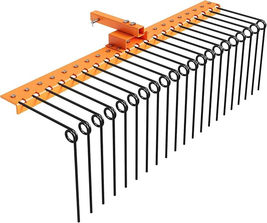 60 in Durable Pine Straw Rake, Steel Spring Landscape Rake Fits 2 in Receiver for Lawn Tractors or ATV/UTV, Orange