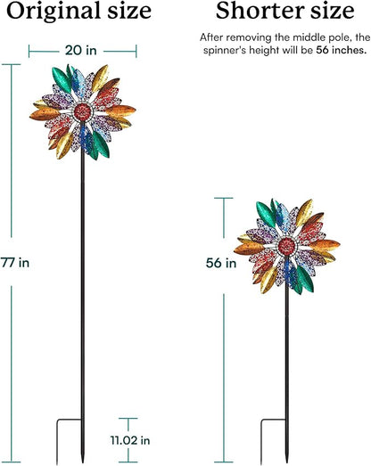 Solar Garden Wind Spinners with Light, Metal Yard Wind Spinners with Stake for Outdoor Lawn Decor (20" W x 77" H)