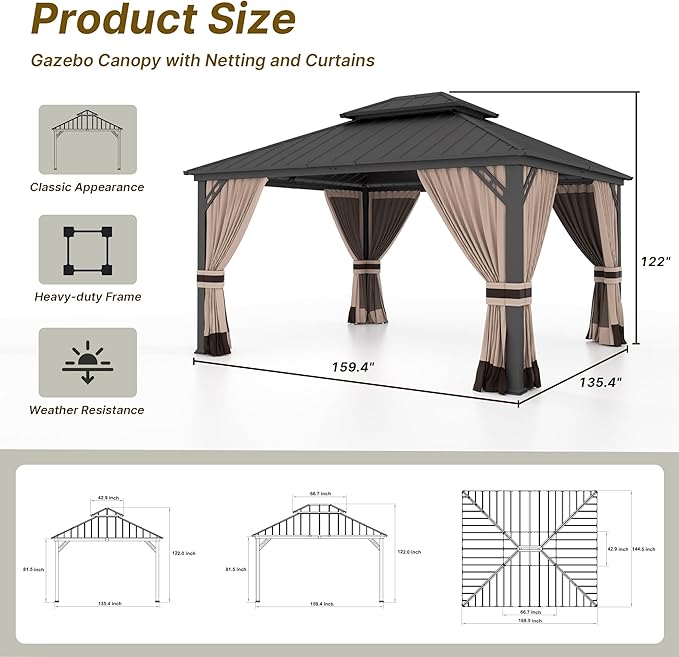 Gotland 12' x 14' Khaki Hardtop Gazebo with Curtains and Netting, Double Roof Iron Metal Pergola for Patio, Garden, Lawn