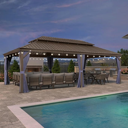 PURPLE LEAF 14' X 24' Outdoor Hardtop Gazebo Patio Wide Aluminum Frame Galvanized Steel Double Roof with Heavy Duty Netting and Curtains for Permanent Hard Top Pavilion Screen, Navy Blue