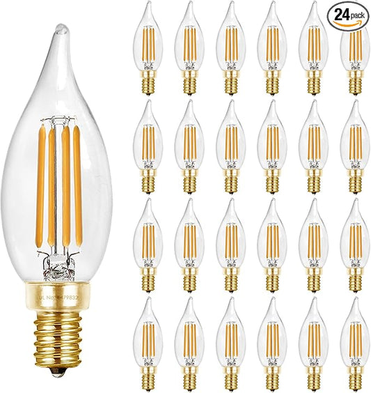 Hizashi E12 LED Bulb 40W Equivalent Candelabra Bulbs Dimmable 2700K Warm White, 90+ CRI Chandelier Light Bulbs, 4W 450LM Flame Tip CA10 Candle Light Bulbs, UL Listed - 24 Pack