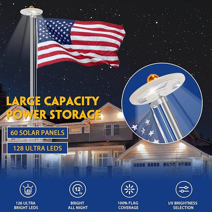 25FT Sliver Heavy Duty Flag Pole Kit with 3x5 Ft American Flag & Solar Light - 12 Gauge Aluminum Tubing, Resistance High Winds, Hardware Flagpole Set for Residential Commercial Outdoor Ready