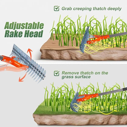 Thatch Rake for Lawn - 40" to 70" Adjustable Dethatching Rake, Heavy Duty Metal Thatching Tool for Turf Garden Maintenance