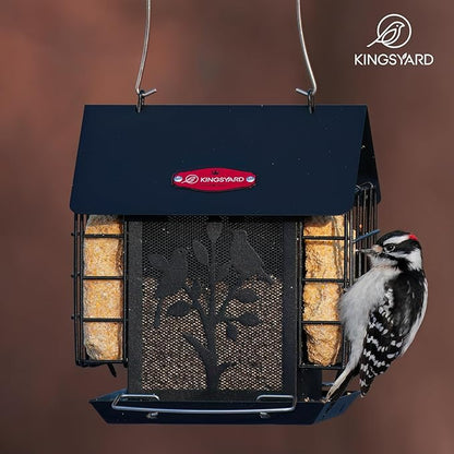 Kingsyard Metal Bird Feeder for Outdoor Hanging, Wild Bird Feeder with Double Suet Cage, Weatherproof Roof and 3 lbs Large Seed Capacity, Black