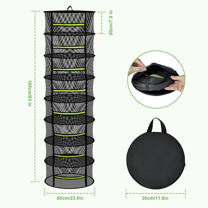 8 Layer Large Capacity Herb Drying Rack, Collapsible Hanging Mesh Net with Green Zipper, Hooks & Bonus Garden Scissors, Bulk Drying for Fresh Herbs, Flowers & Plants – Indoor Outdoor (23.62")