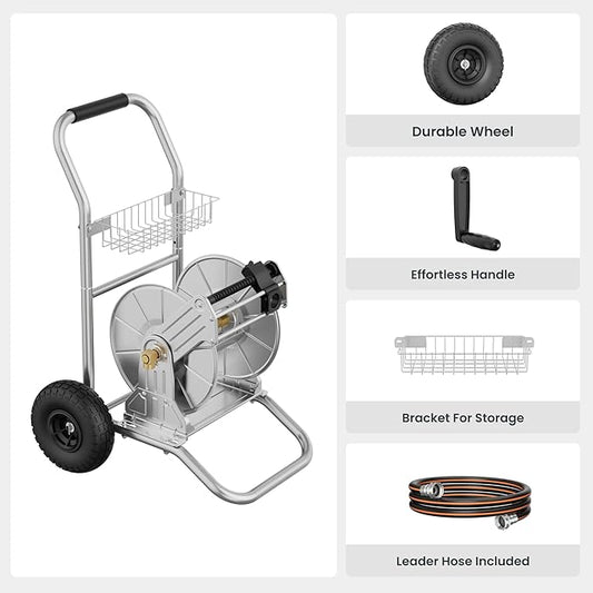 Giraffe Tools Garden Hose Reel Cart with Wheels, Stainless Steel Heavy Duty Water Hose Reel Cart, 200 ft of 1/2 Capacity, Mobile for Outside