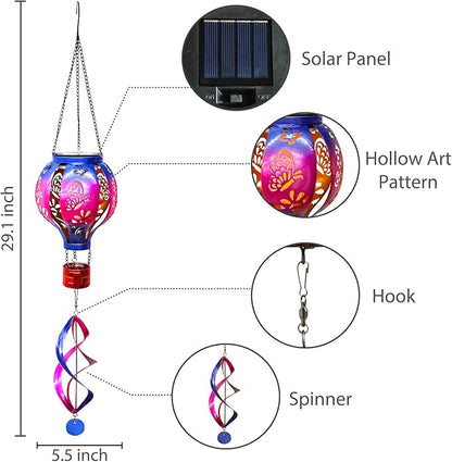 Hot Air Balloon Solar Lantern Butterfly Wind Spinners with Flickering Flame Light Hanging Solar Lantern Outdoor Waterproof Decorations for Outside Patio Garden Yard
