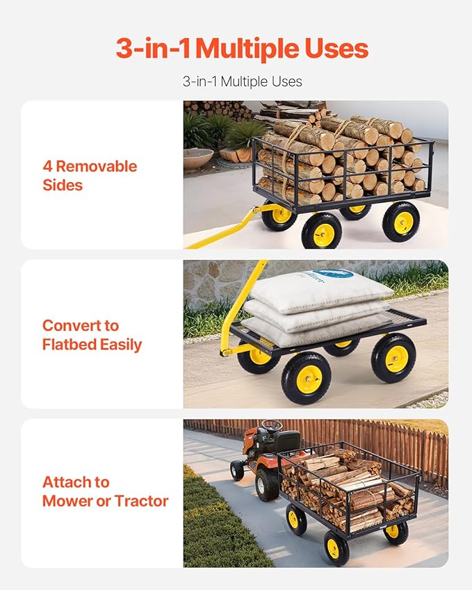 VEVOR 1400 Lbs Steel Garden Cart, Heavy Duty Pullable Garden Wagon Yard Cart, 2 in 1 Outdoor Metal Utility Wagon Yard Trailer with 13" All Terrain Tires, Mesh Removable Sides and 180°Rotating Handle