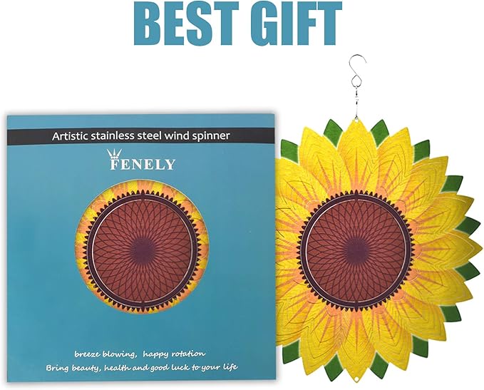 Wind Spinner Yard Art Garden Decor 3D Stainless Steel Metal Sculptures Sunflower Kinetic Hanging Whirligigs Decorations Backyard Outside Indoor Outdoor Patio Ornaments Clearance Sun Catcher Windmill