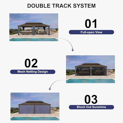 PURPLE LEAF 14' X 24' Outdoor Hardtop Gazebo Patio Wide Aluminum Frame Galvanized Steel Double Roof with Heavy Duty Netting and Curtains for Permanent Hard Top Pavilion Screen, Navy Blue