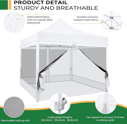 COBIZI 10x10 Heavy Duty Pop Up Canopy with 4 Mosquito Netting Wall, Easy Set Up Commercial Gazebo Party Tent, Outdoor Instant Screen Canopy for Backyard, Patio, Garden, White