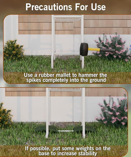 Garbuildman Ground Mount Garden Hose Reel Holds 125 Feet of 5/8-Inch with 3.9 ft Leader Hose, Brass Fitting, Water Hose Holder Stand with Storage Rack & 4 Spikes Base for Outdoor Lawn, White