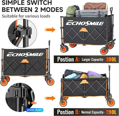 EchoSmile Collapsible Foldable Extended Wagon with 500lbs Weight Capacity, 300L Folding Utility Wagon Cart with Big All-Terrain Wheels for Beach,Sport,Gargen&Grocery,Black & Orange